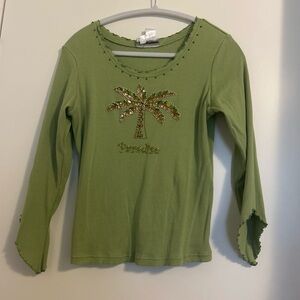 Tropical Green Long Sleeve Top with Palm Design